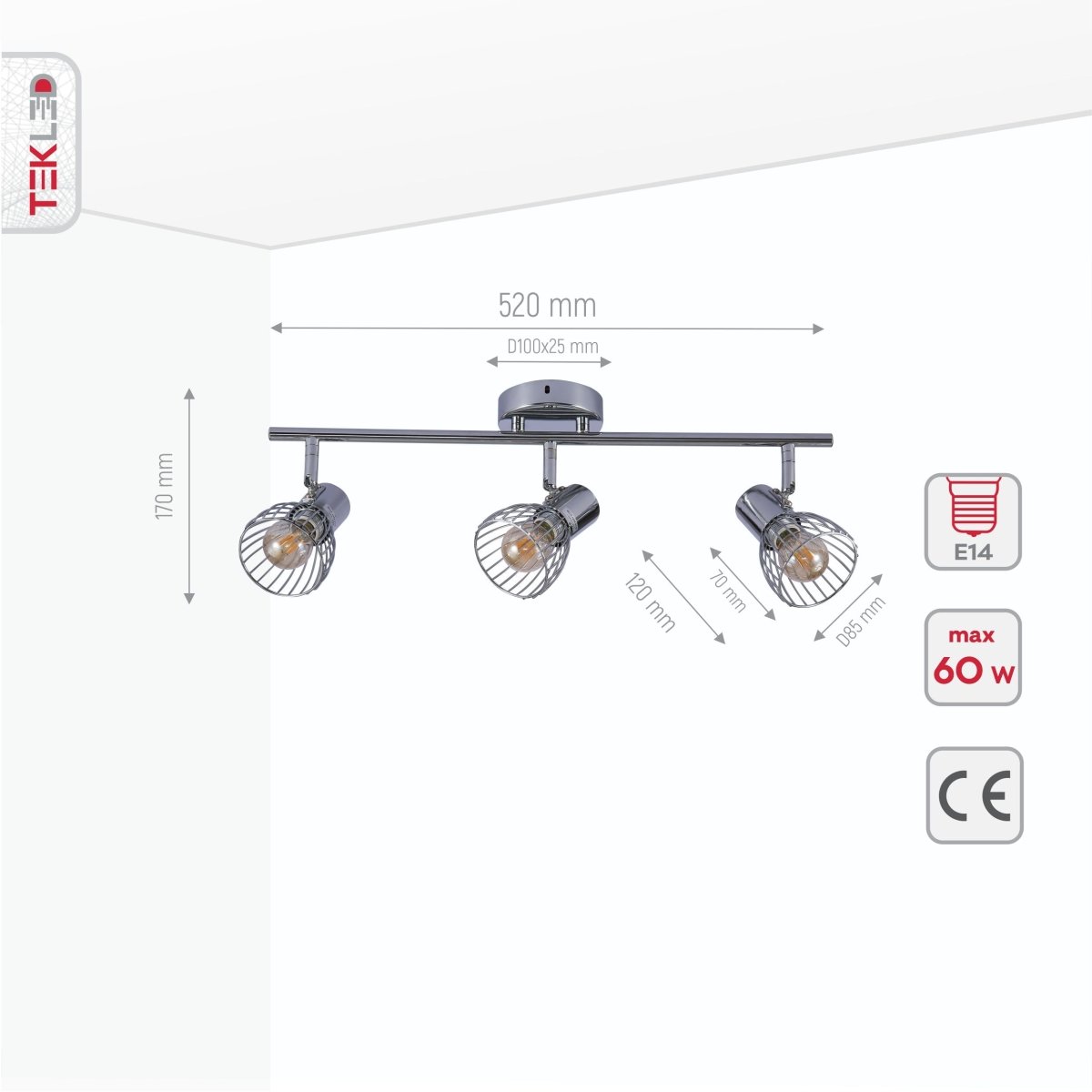 Product dimensions of silver cage chrome body semi flush ceiling light 3xe14
