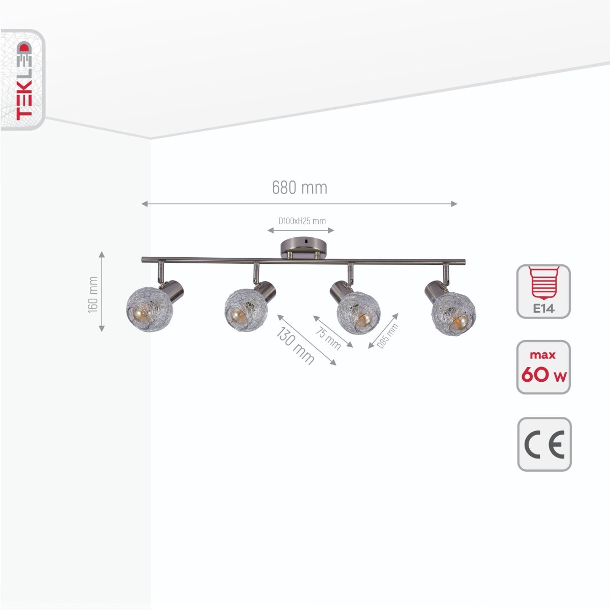 Product dimensions of silver nest matte nickel body semi flush ceiling light 4xe14