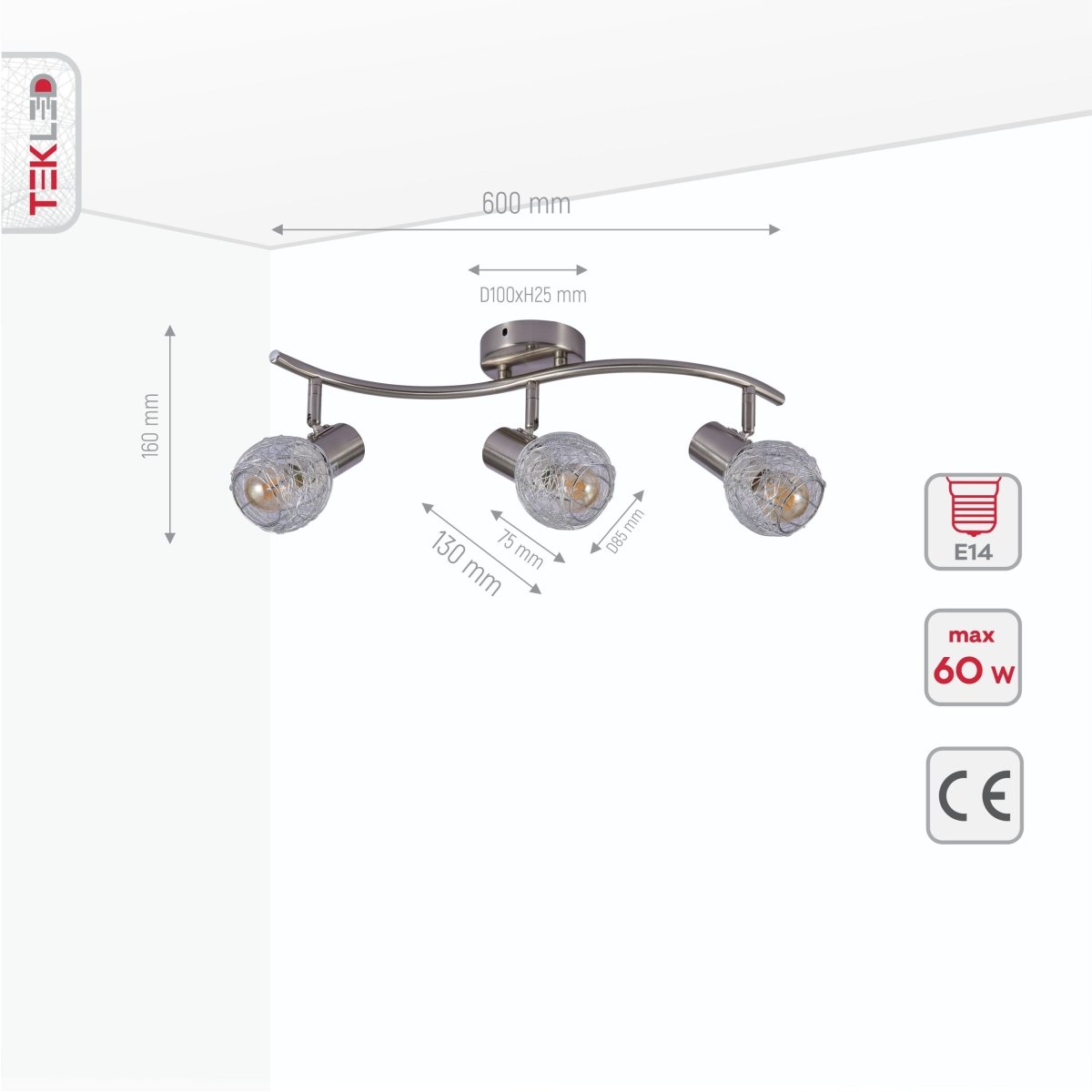Product dimensions of silver nest matte nickel body semi flush ceiling light s shape 3xe14