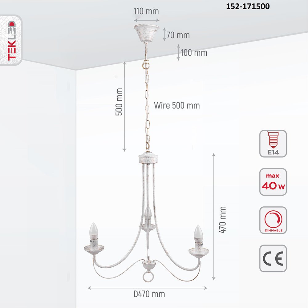 Product dimensions of white metal 3 arm chandelier with 3xe14 fitting