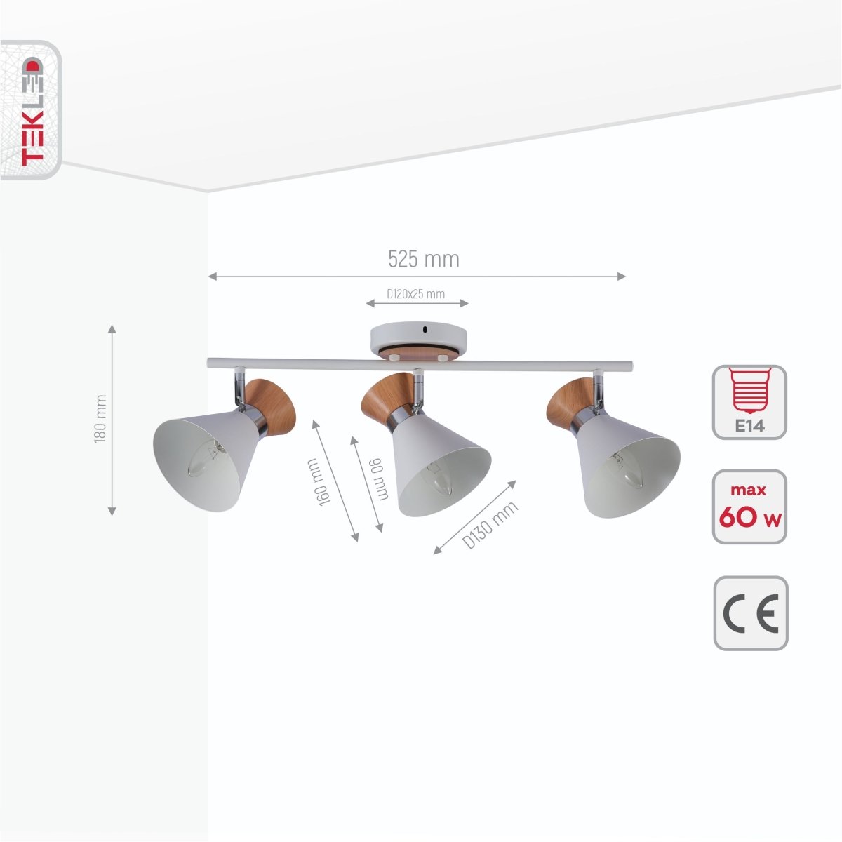 Product dimensions of white metal wood funnel semi flush ceiling light 3xe14