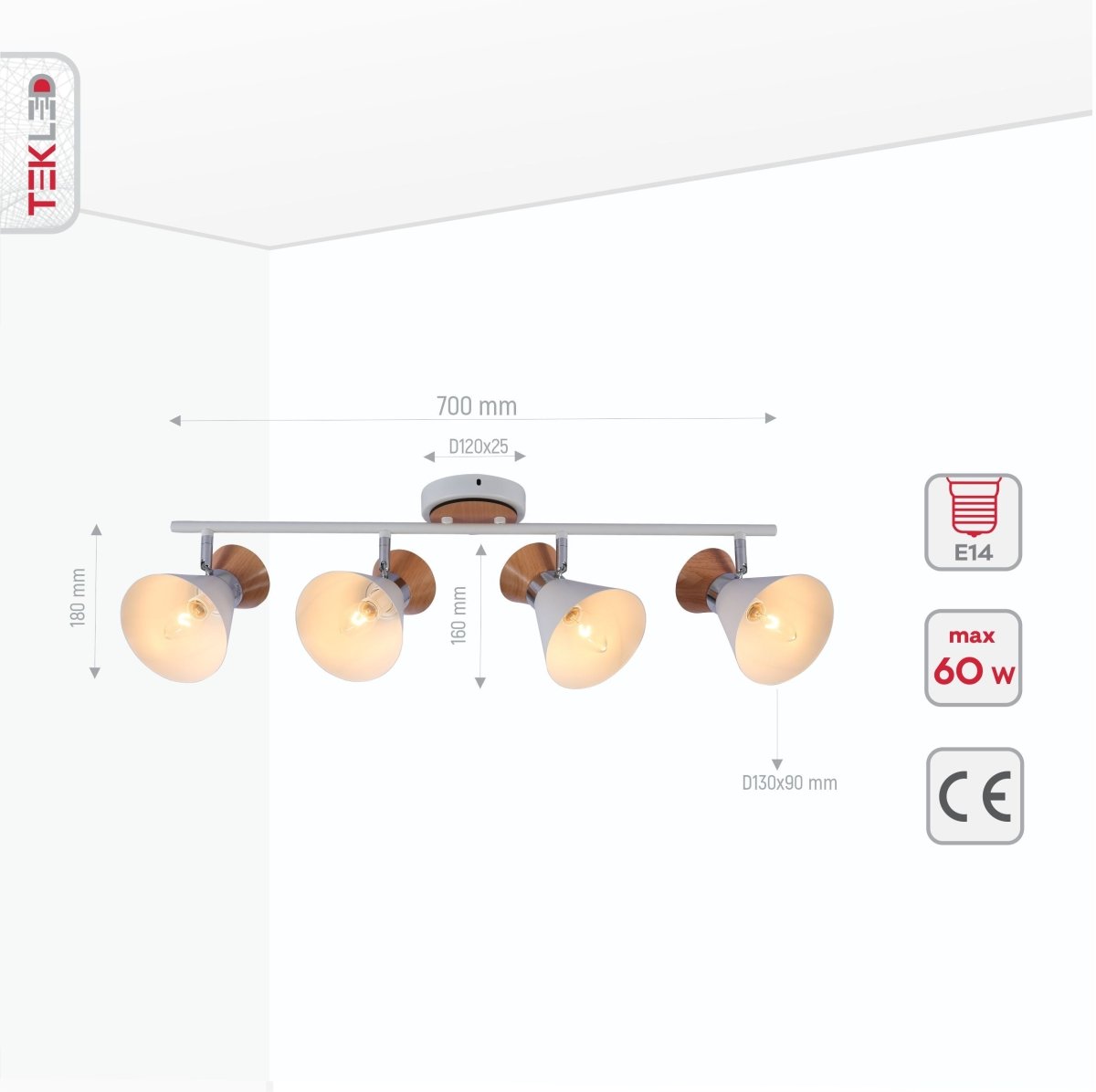 Product dimensions of white metal wood funnel semi flush ceiling light 4xe14