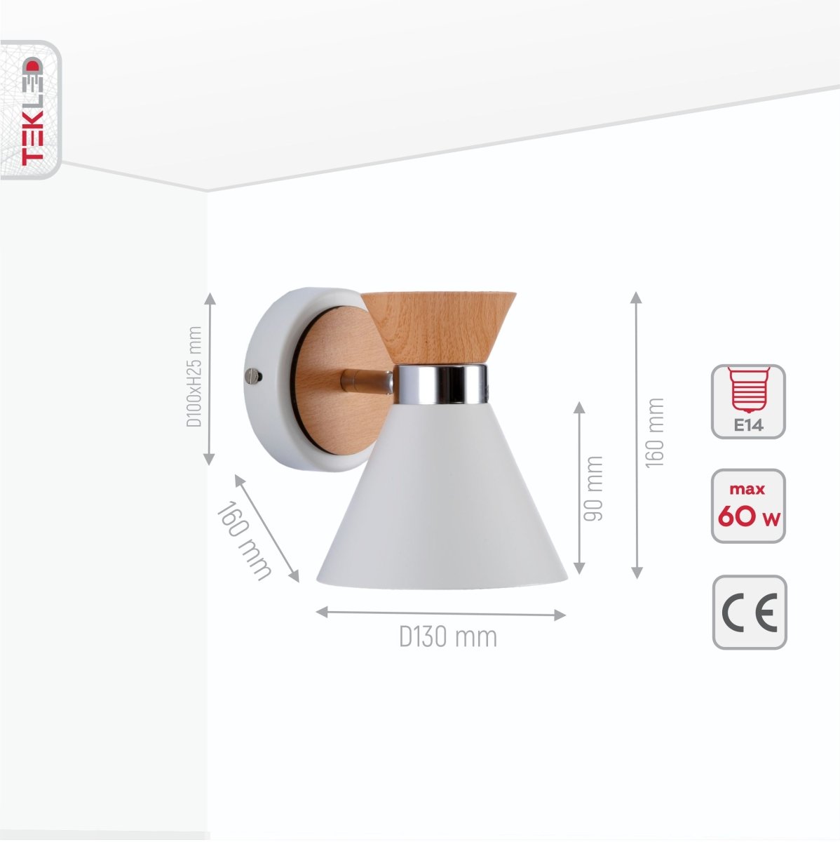 Product dimensions of white wood metal funnel wall light e14
