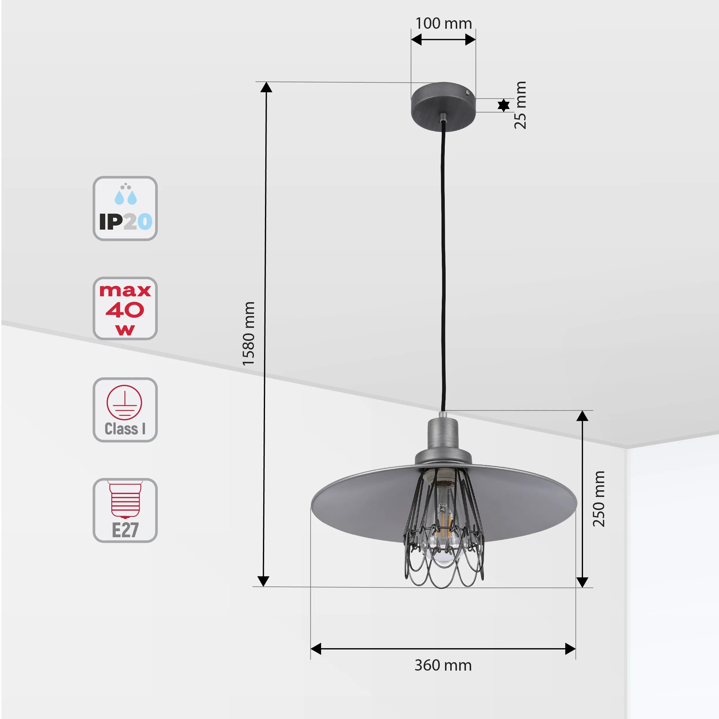 Grey Wire Cage Industrial Vintage Style Pendant Light E27