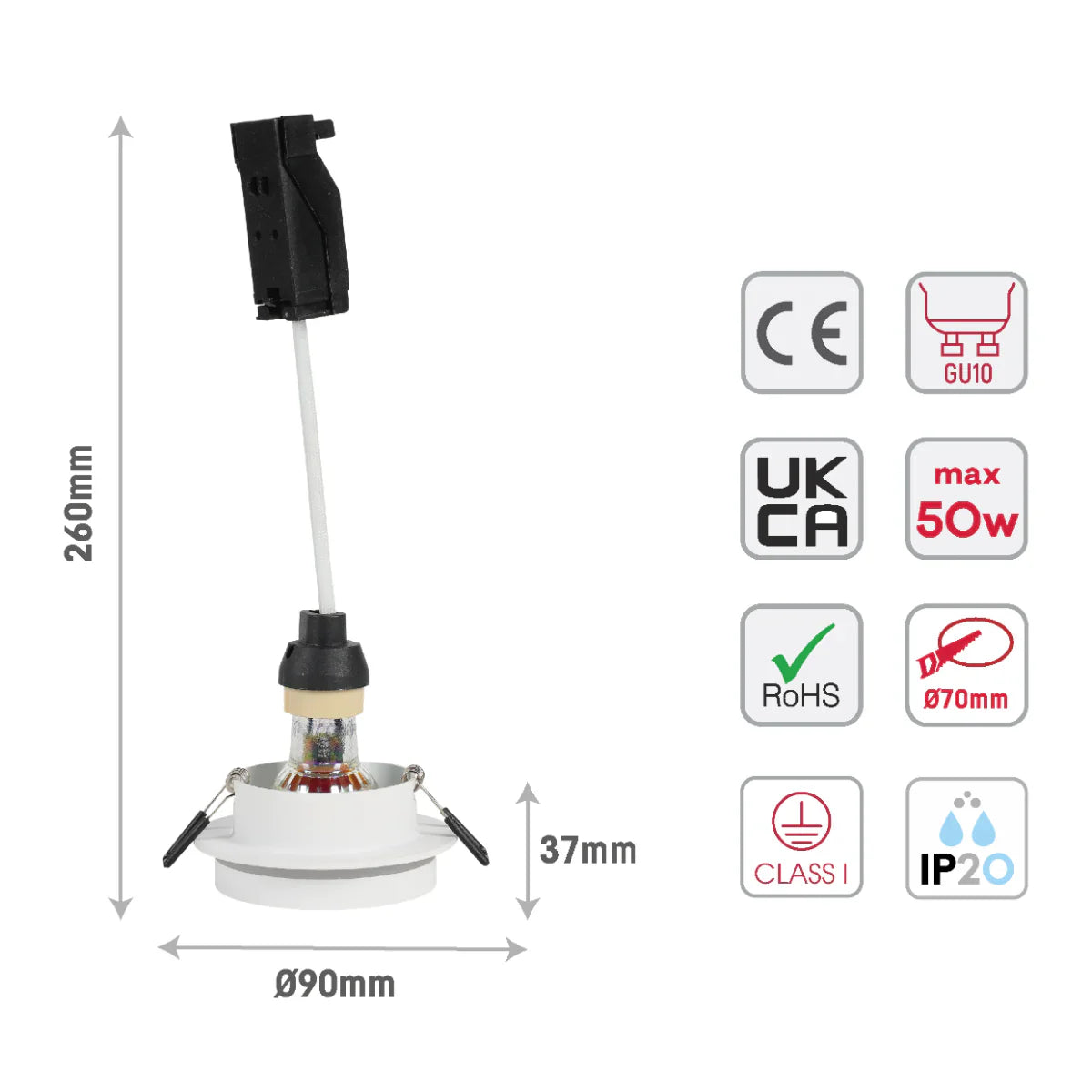 Size and certifications of GU10 Recessed Aluminium Downlight - Dual-Tone Acrylic with Color Matched Trim 143-04043
