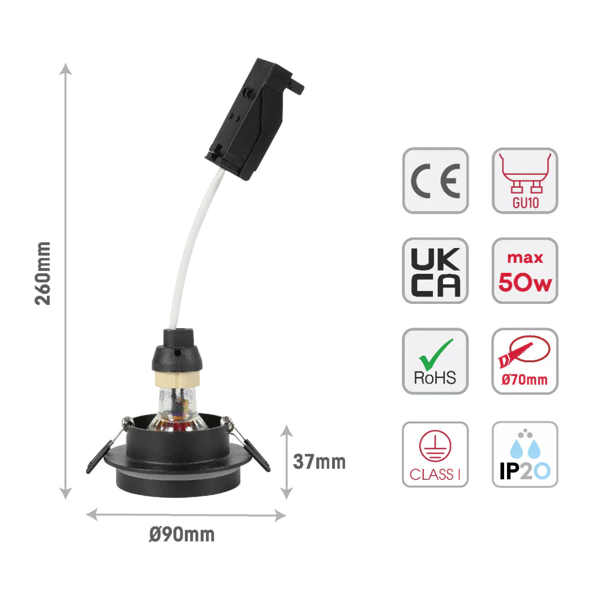Size and certifications of GU10 Recessed Aluminium Downlight - Dual-Tone Acrylic with Color Matched Trim 143-04044