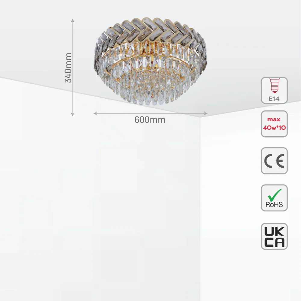 Size and tech specs of Herringbone Crystal Chandelier Ceiling Light Gold | TEKLED 159-17928