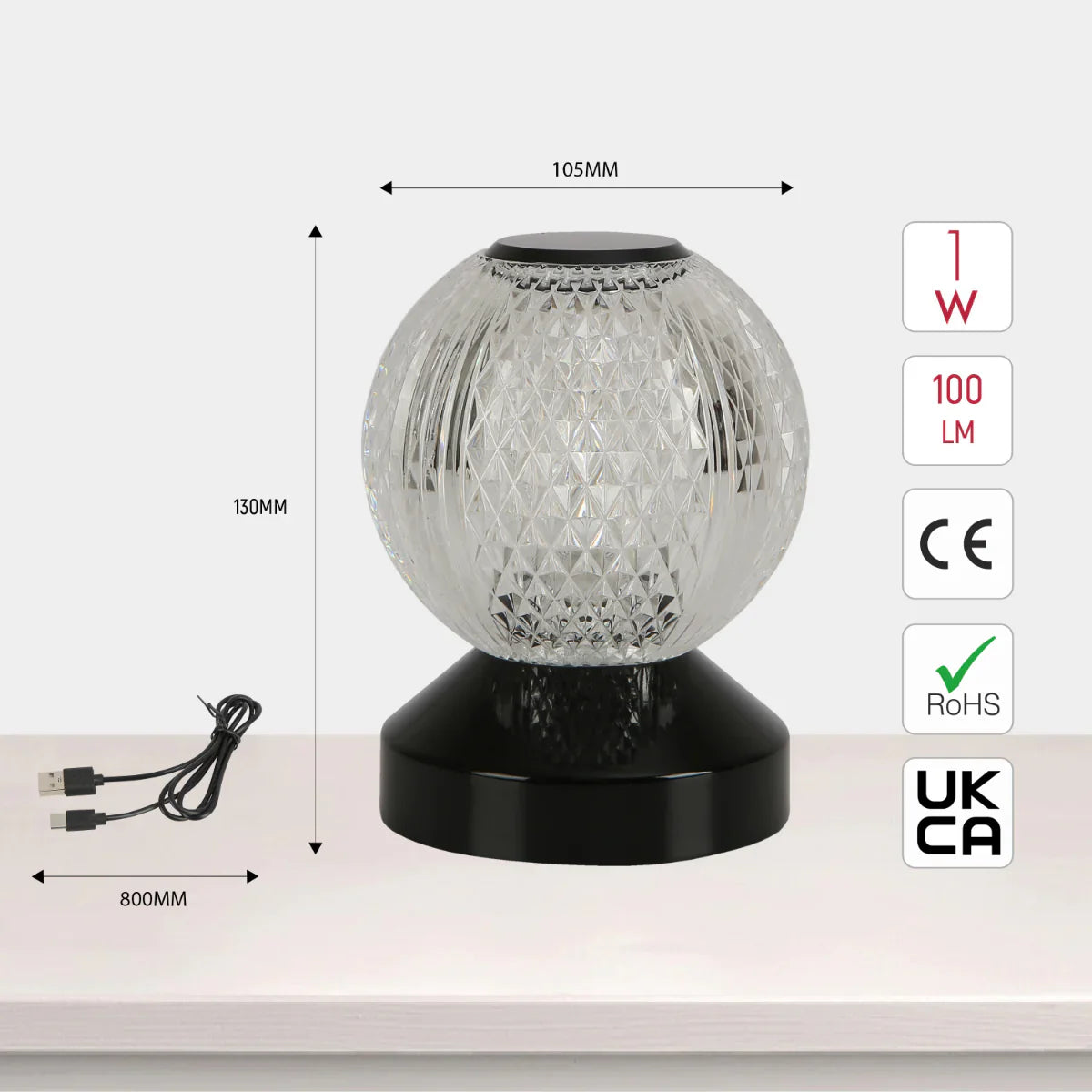 Size and certifications of Illumina Sphere Touch: Rechargeable Spherical LED Lamp 130-03726