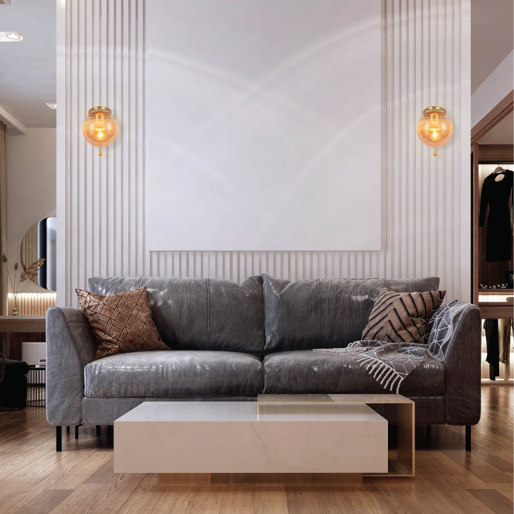 More interior usage of Amber Globe Glass Gold Ellipse Metal Body Modern Wall Light with Pull Down Switch E27 Fitting | TEKLED 151-19784