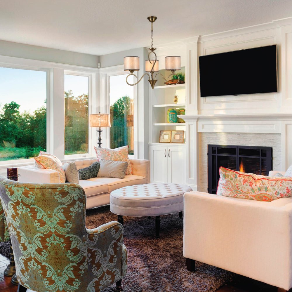 More interior usage of Antique Brass Arm Grey Cylinder Shaded Candle Vintage Chandelier Ceiling Light with E27 Fittings | TEKLED 159-17702