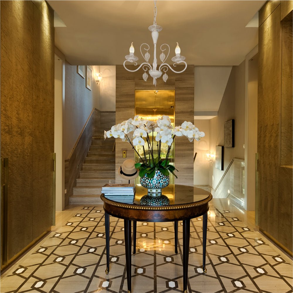 More interior usage of Candle French Mediterian Leaf Traditional Vintage Gold Patinated White Ceiling Light with 3xE14 Fittings | TEKLED 158-19094