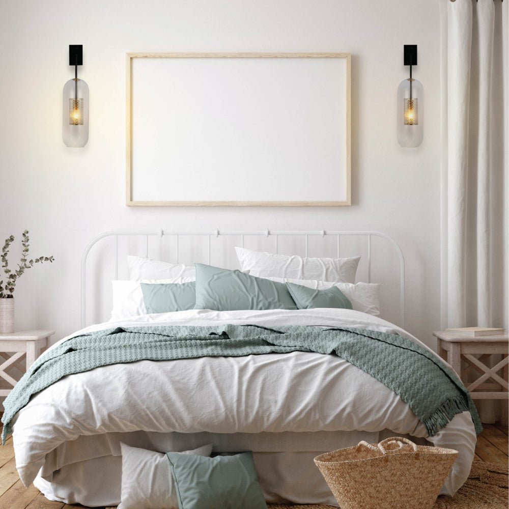 More interior usage of Clear Cylinder Glass Gold Cage Black Body Wall Light with E27 Fitting  | TEKLED 151-19735