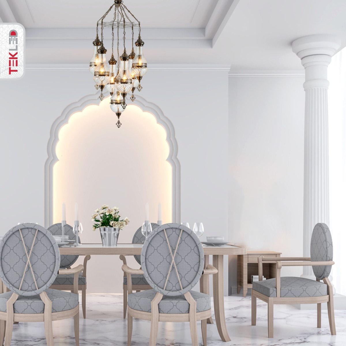 More interior usage of Moroccan Style Antique Brass and Clear Glass Chandelier with 7xE27 | TEKLED 158-19557