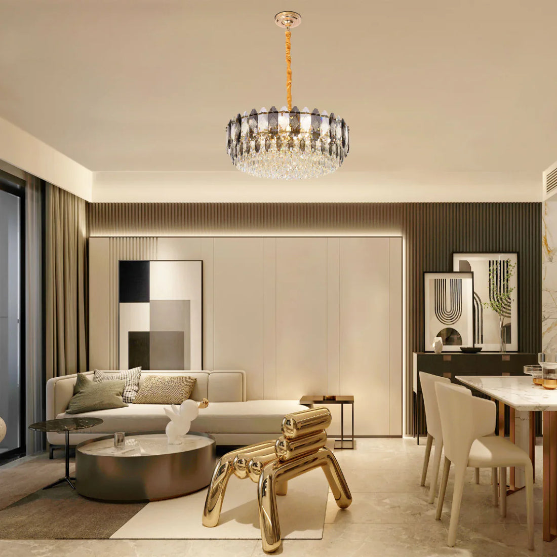 Interior application of Deluxe Smoky Clear Crystal Modern Chandelier Light Gold d800