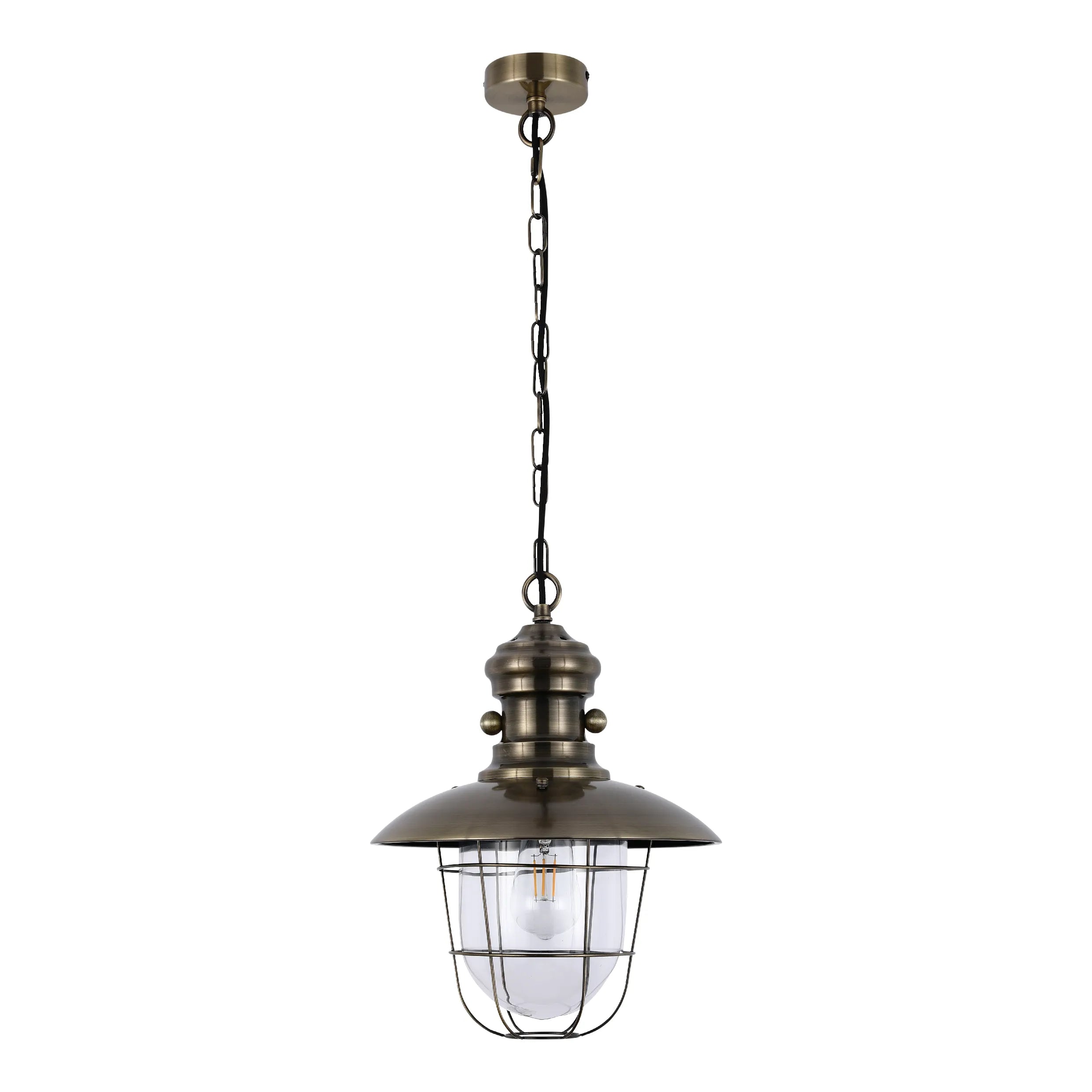 Industrial Cage Pendant Lights - Antique Brass and Black with Red Detailing