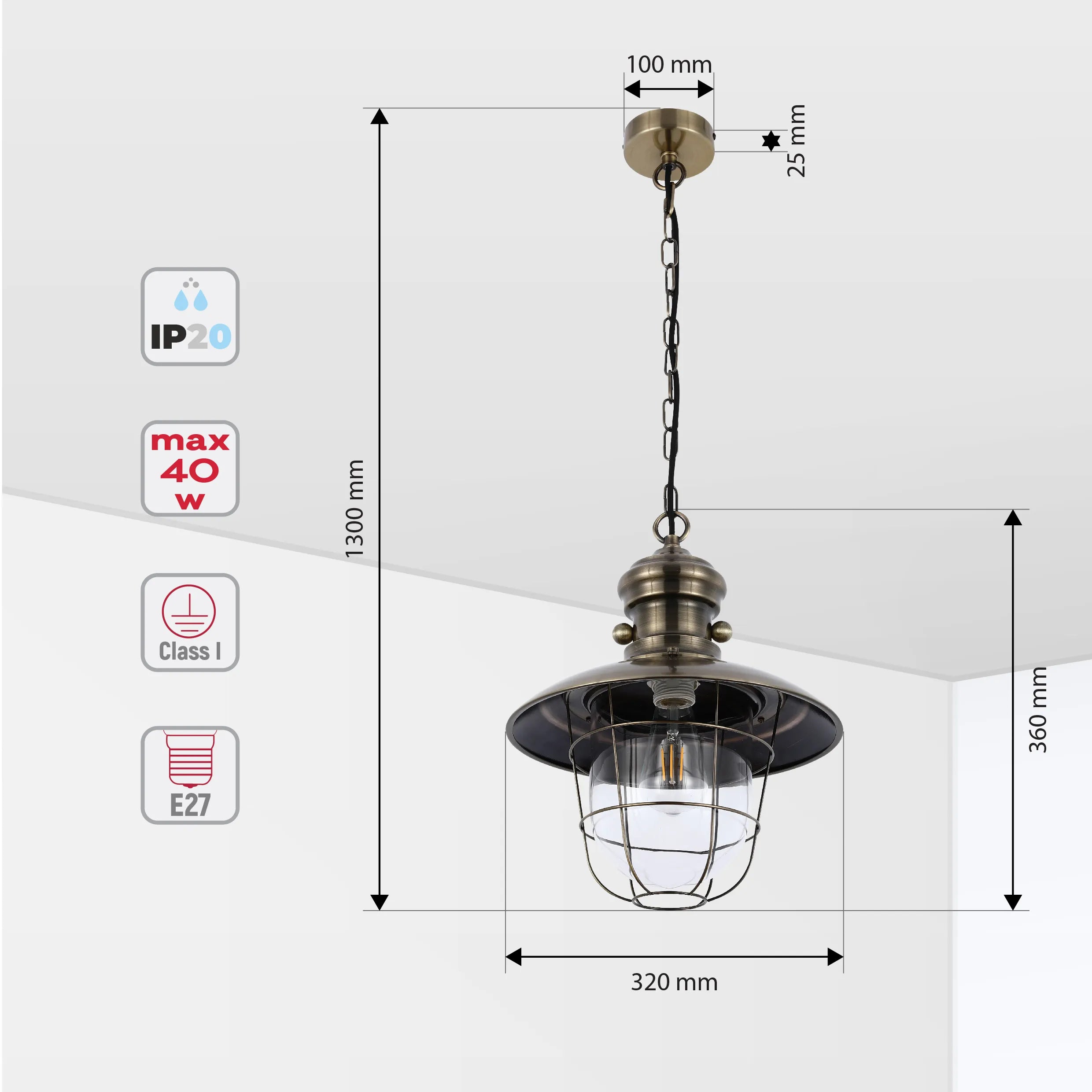 Industrial Cage Pendant Lights - Antique Brass and Black with Red Detailing