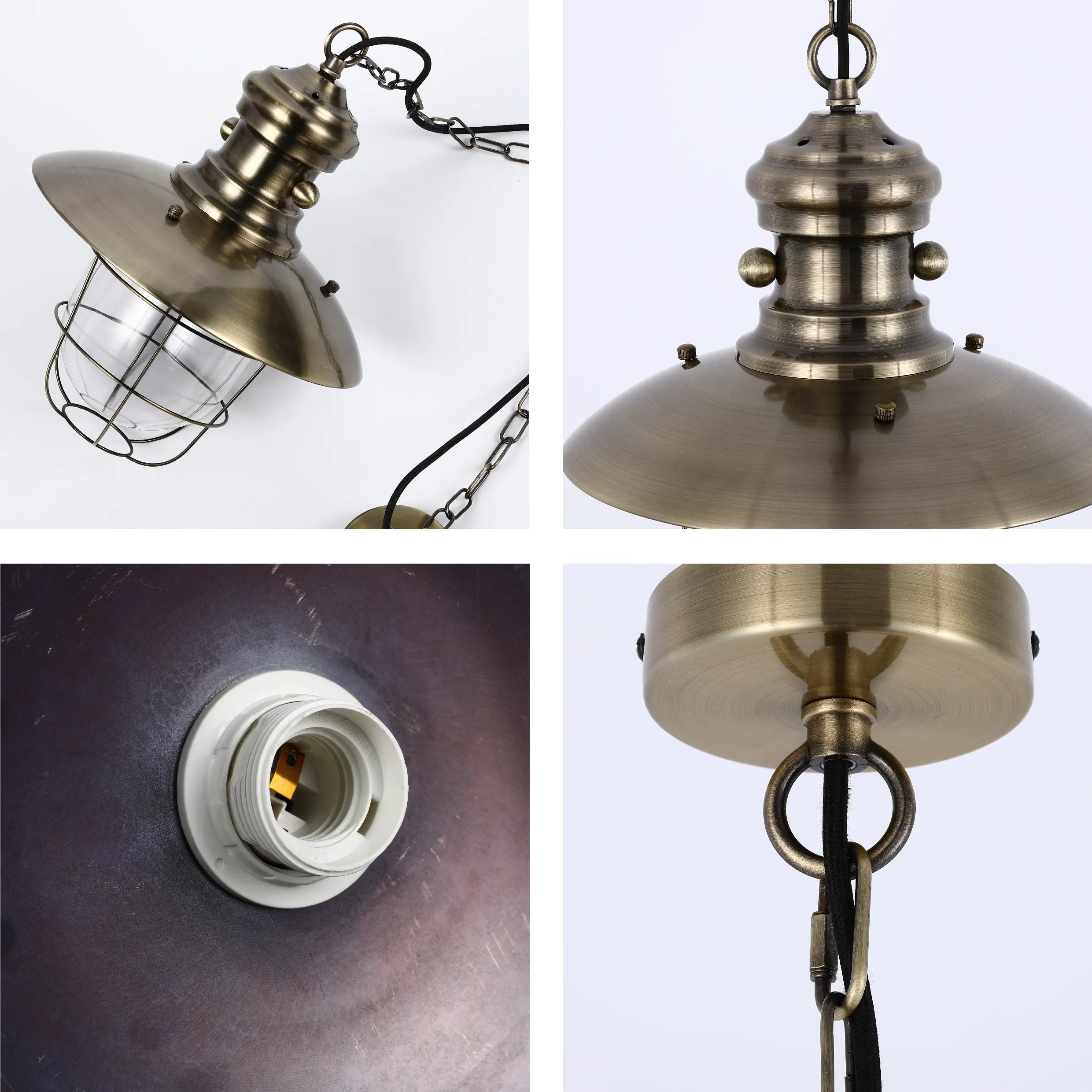 Industrial Cage Pendant Lights - Antique Brass and Black with Red Detailing