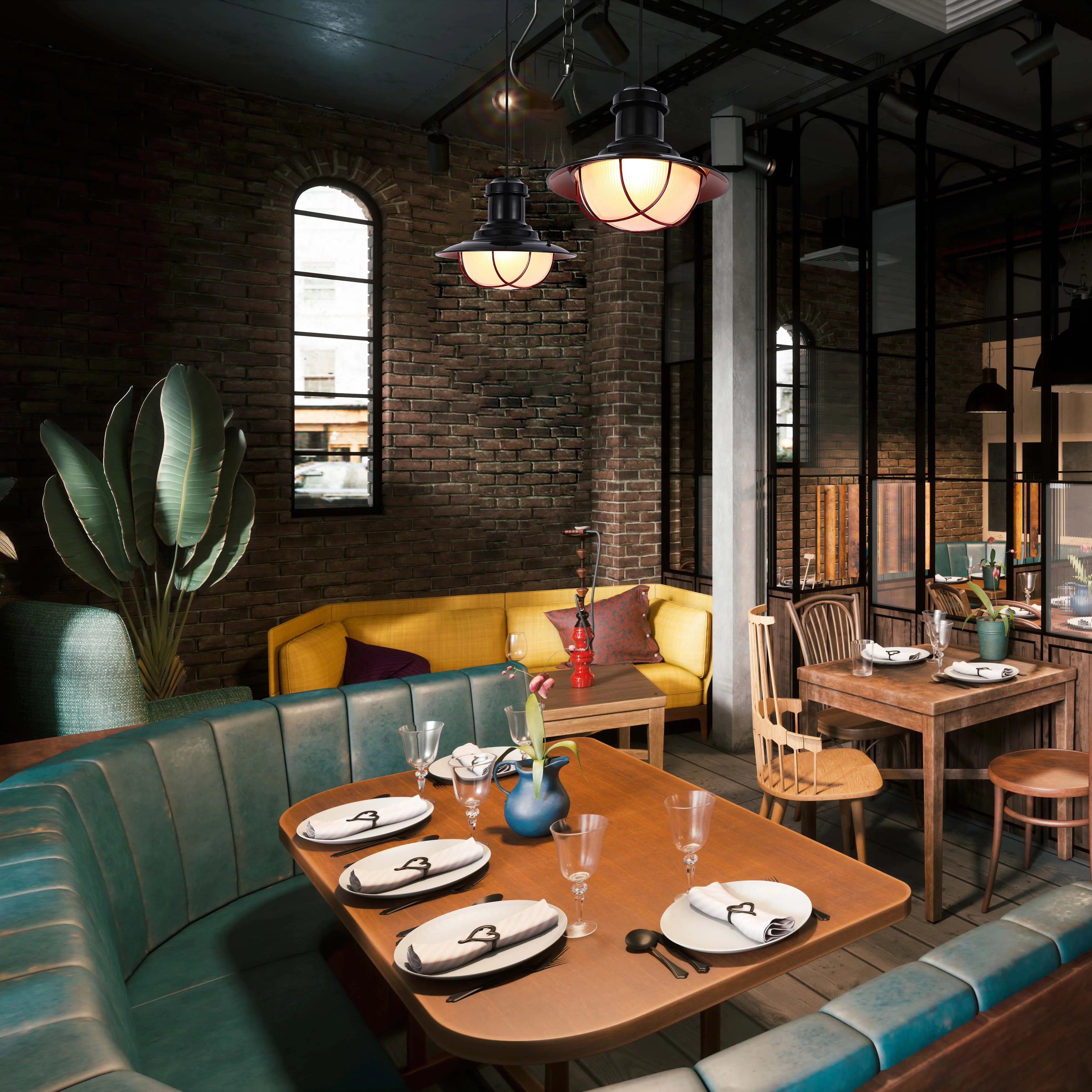 Industrial Cage Pendant Lights - Antique Brass and Black with Red Detailing