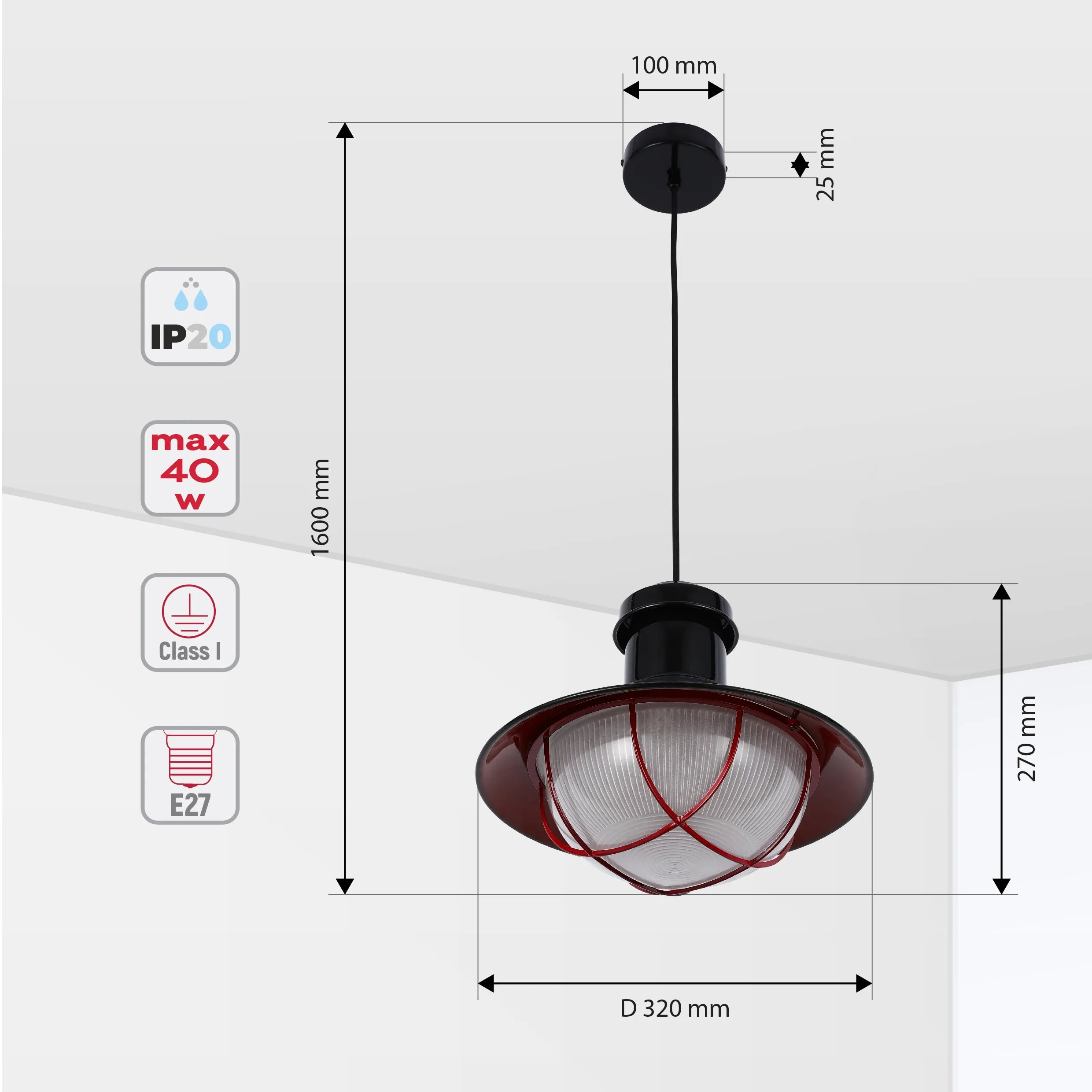 Industrial Cage Pendant Lights - Antique Brass and Black with Red Detailing