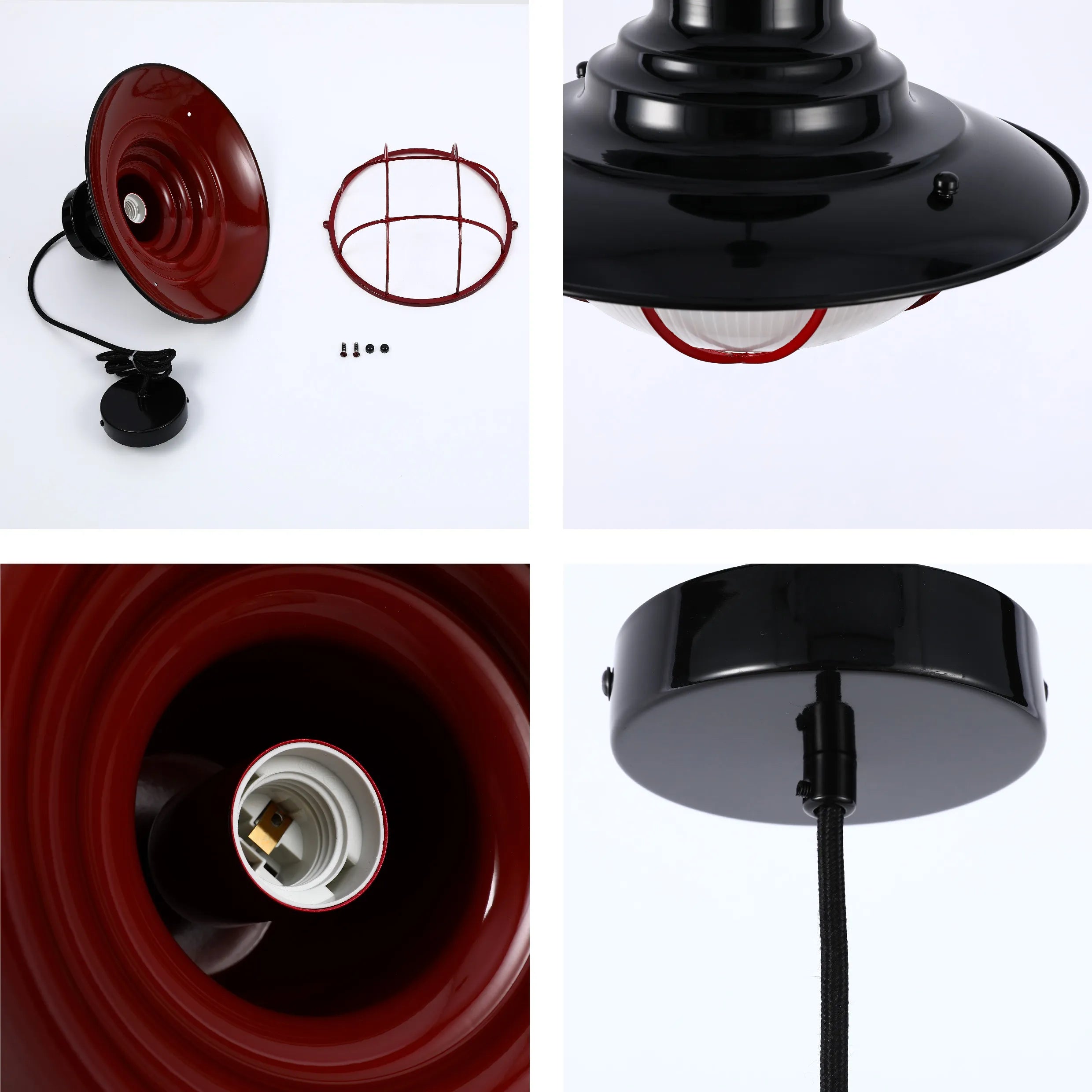 Industrial Cage Pendant Lights - Antique Brass and Black with Red Detailing