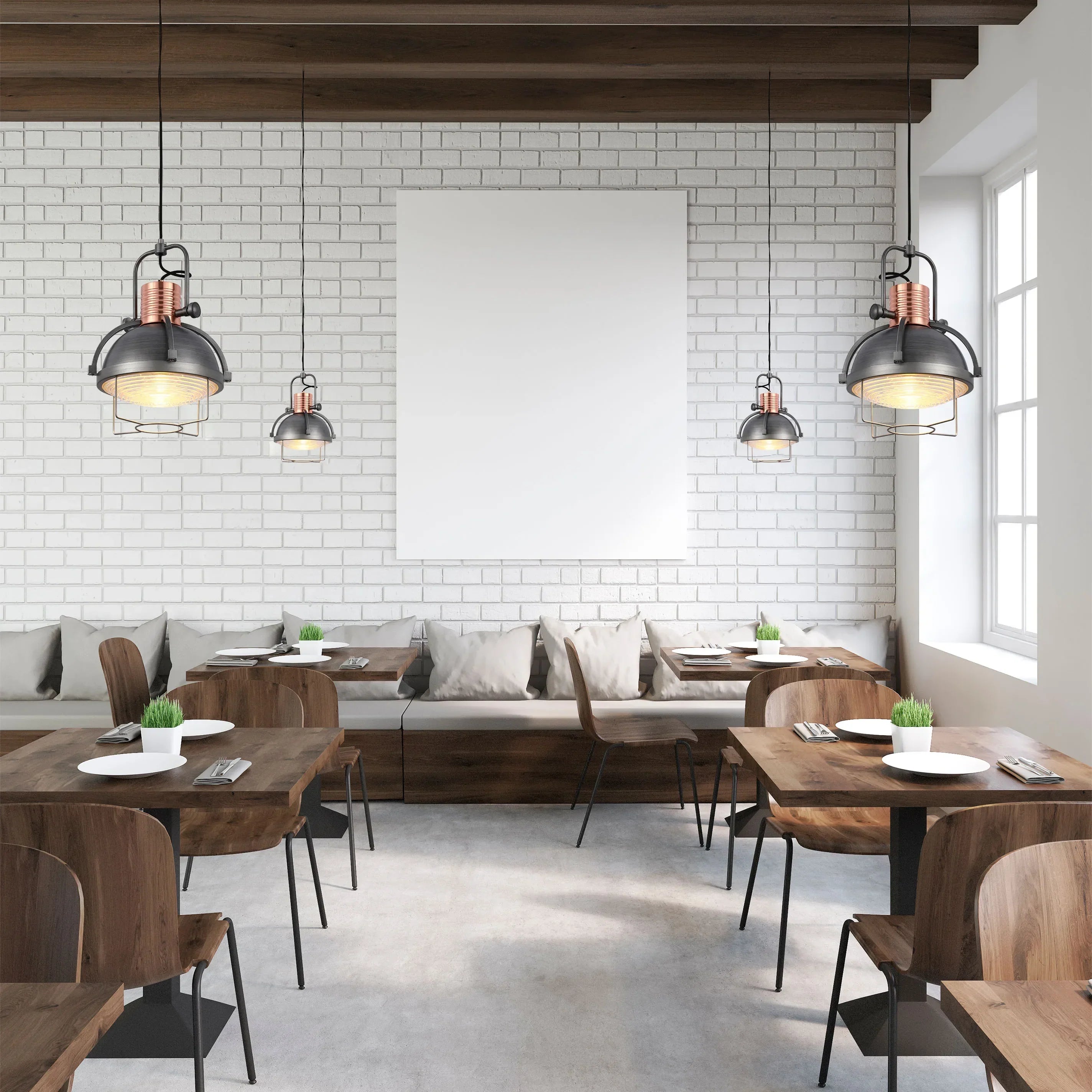 Industrial Dome Pendant Light with Caged Textured Glass