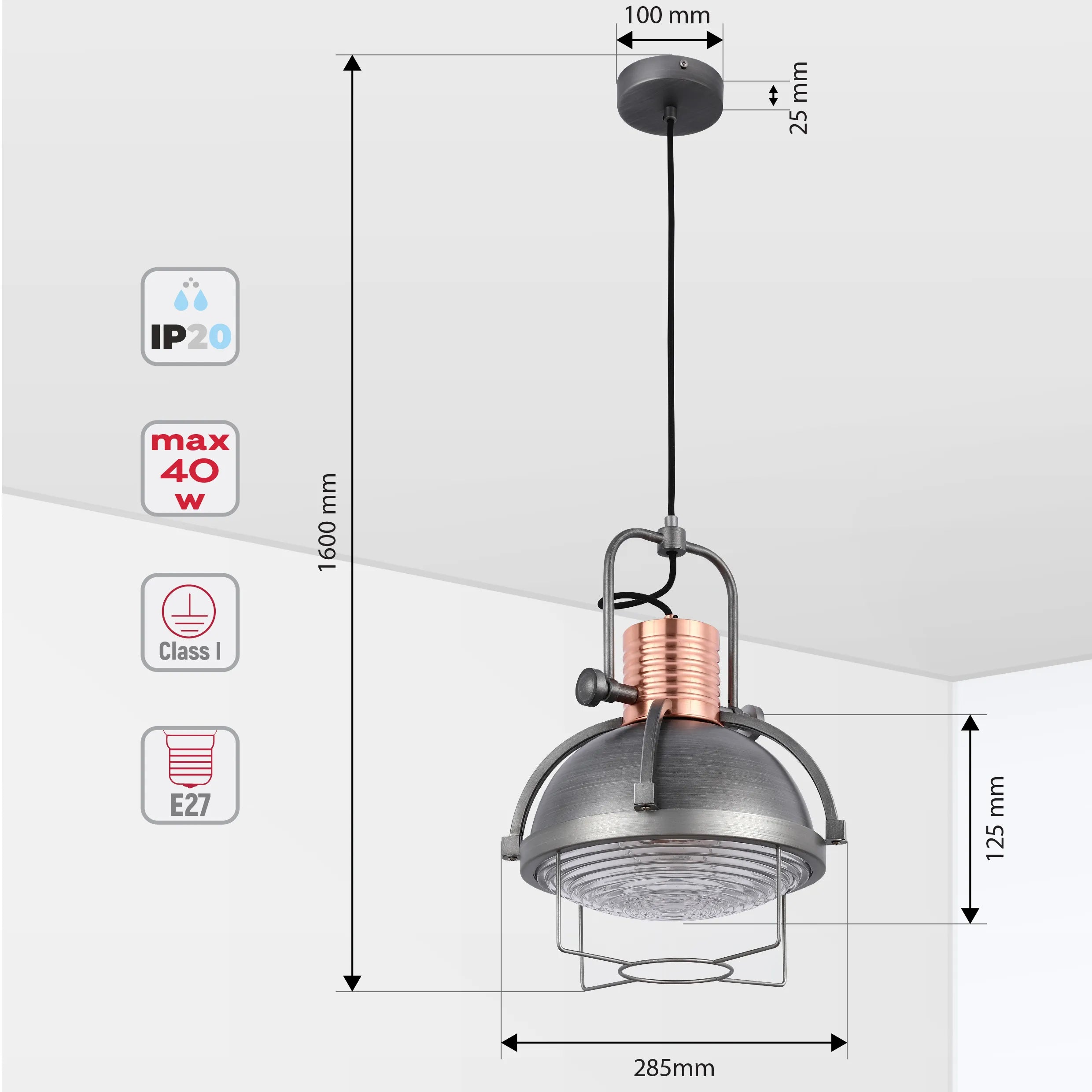 Industrial Dome Pendant Light with Caged Textured Glass