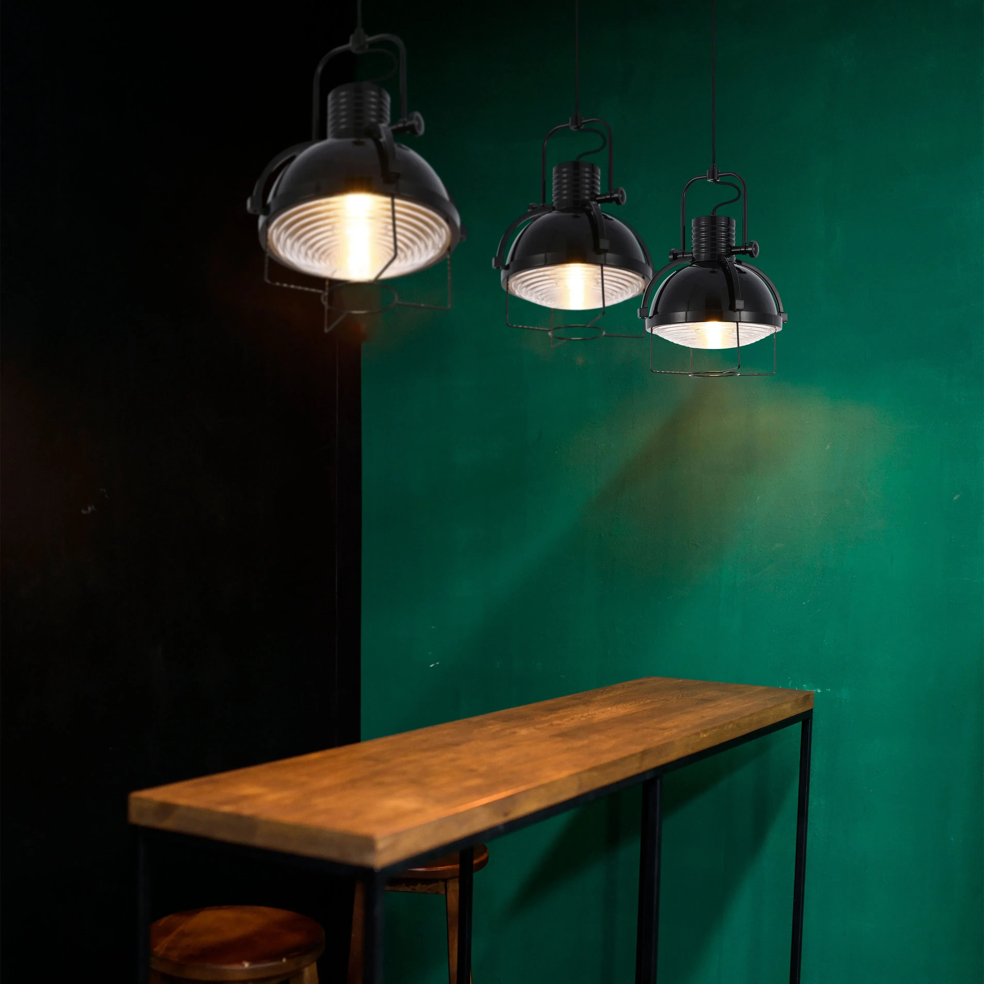 Industrial Dome Pendant Light with Caged Textured Glass