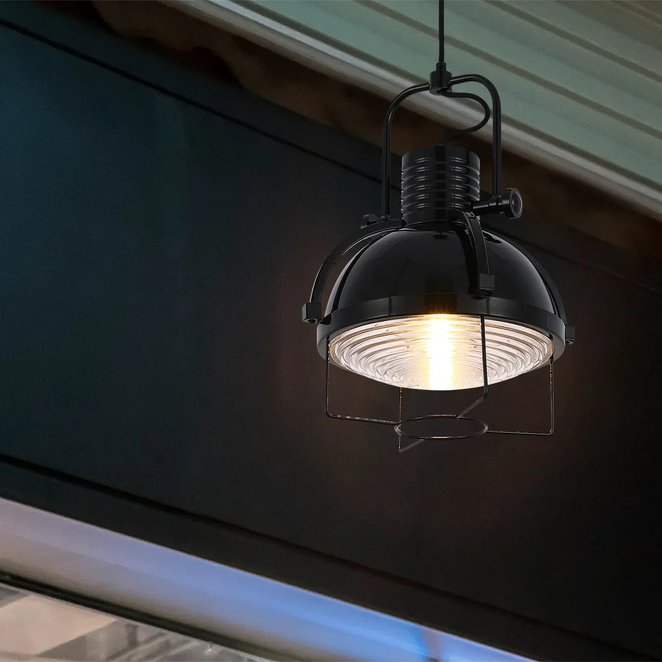 Industrial Dome Pendant Light with Caged Textured Glass