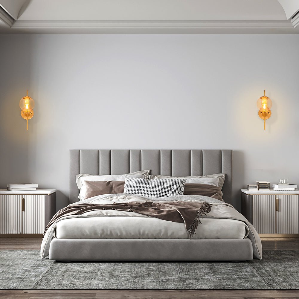 Indoor usage of Amber Globe Glass Gold Aluminium Bronze Cane Metal Downward Wall Light with E27 Fitting | TEKLED 151-19488