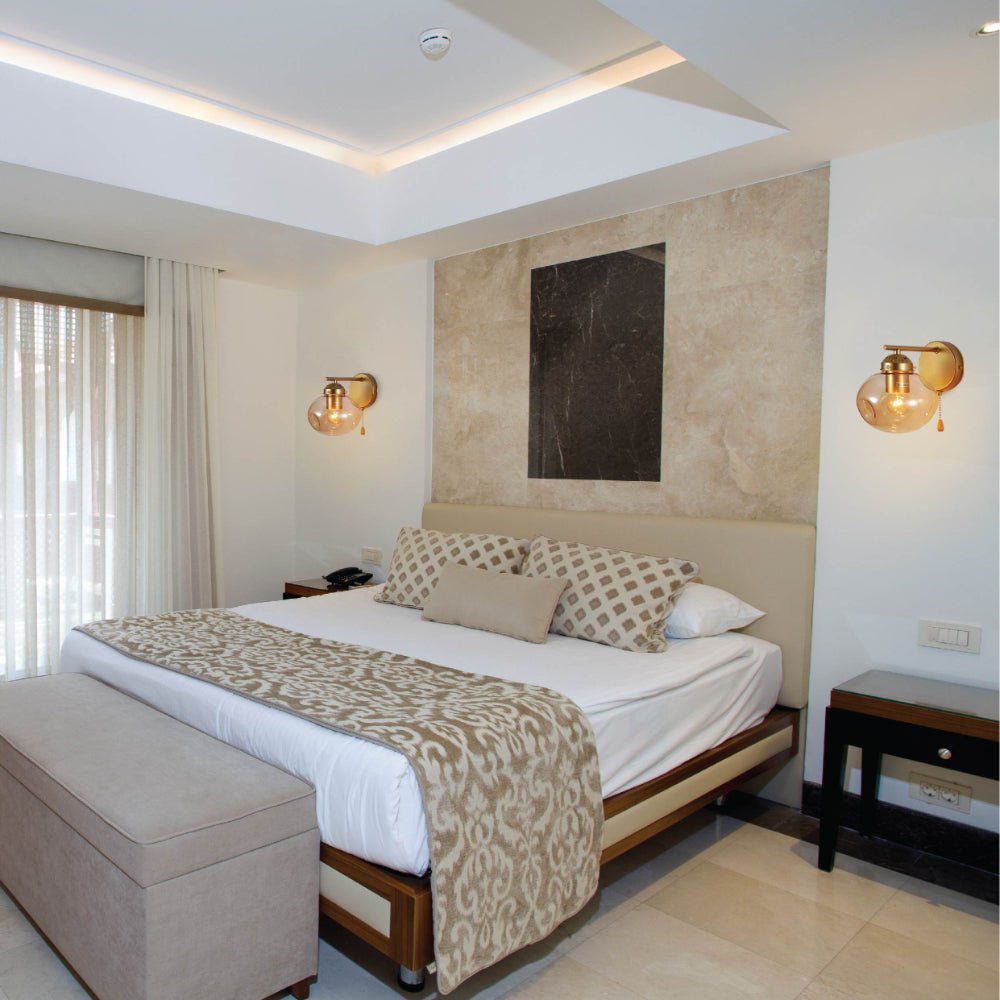 Indoor usage of Amber Globe Glass Gold Metal Vintage Retro Wall Light with Pull Down Switch E27 Fitting | TEKLED 151-19774