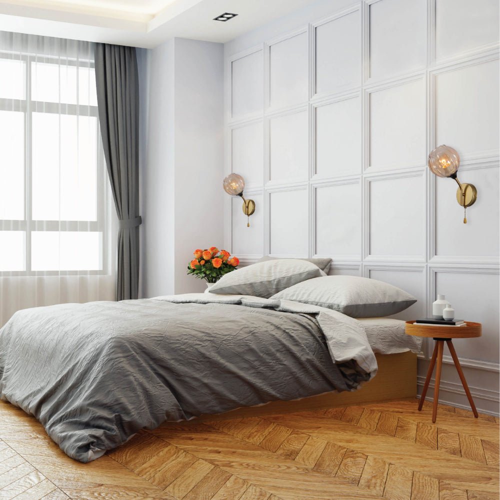 Indoor usage of Amber Reeded Globe Glass Gold Metal Vintage Retro Wall Light with Pull Down Switch E27 Fitting | TEKLED 151-19782