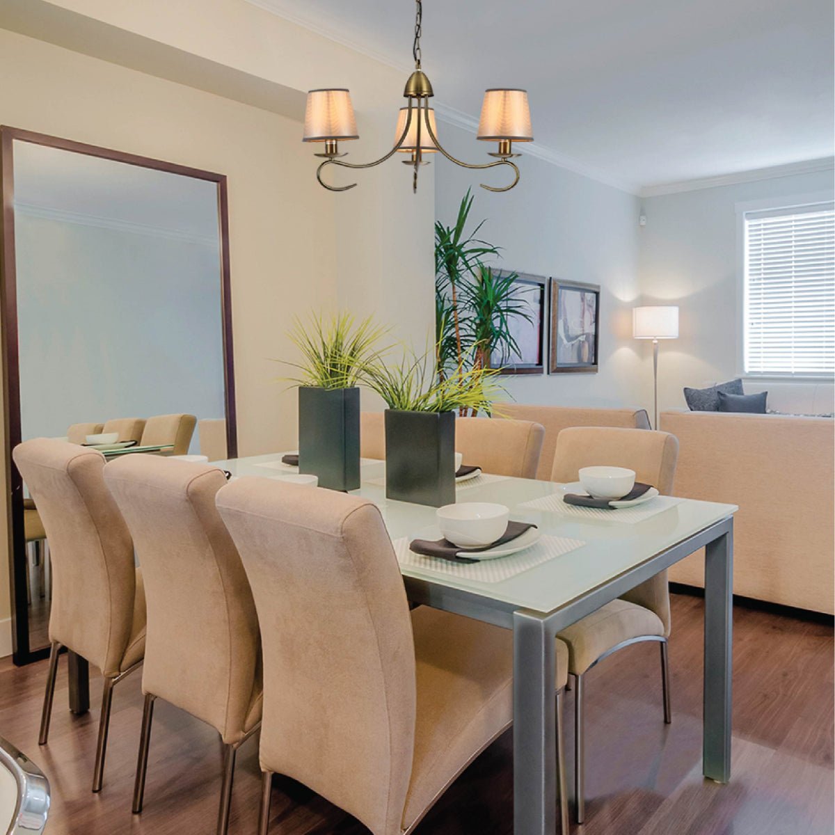 Indoor usage of Antique Brass Arm Grey Frustum Shaded Candle Vintage Chandelier Ceiling Light with E14 Fittings | TEKLED 159-17698