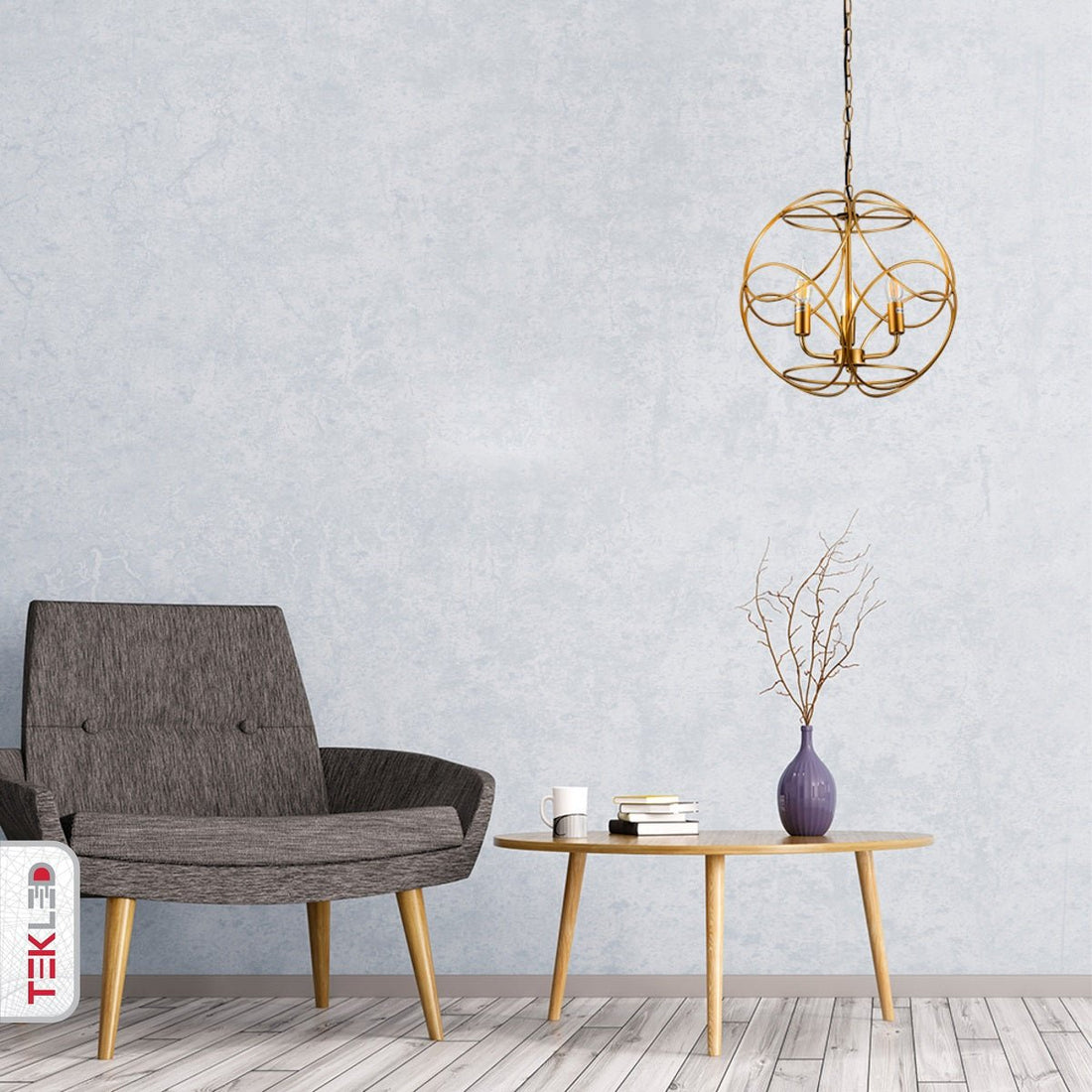 Indoor usage of Gold Aluminium Bronze Globe Cage Pendant Chandelier Light with 3xE14 Fittings | TEKLED 159-17448