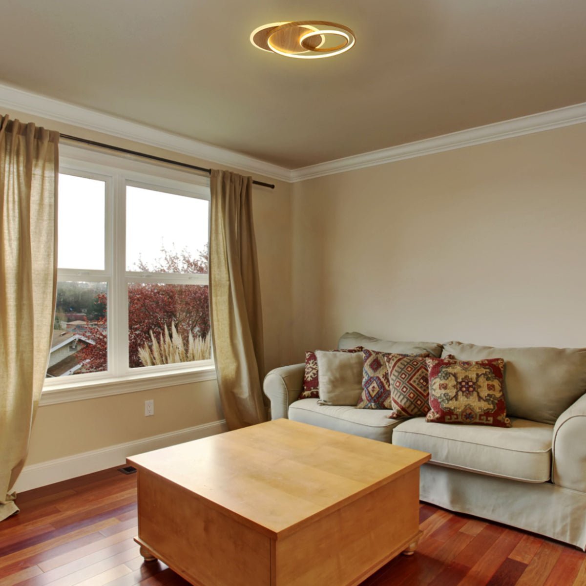 Indoor usage of LED Circle in Circle Wood Finishing 34W CCT Change Dimmable Contemporary Nordic Scandinavian Flush Ceiling Light with Remote Control | TEKLED 154-17262