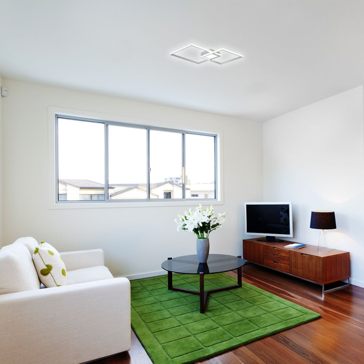 Indoor usage of LED Crossing Squares White Finishing 34W CCT Change Dimmable Contemporary Nordic Scandinavian Flush Ceiling Light with Remote Control | TEKLED 154-17264