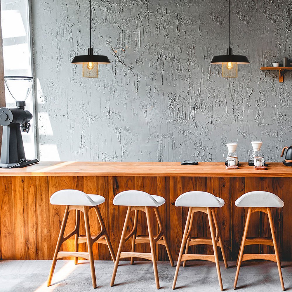 Indoor usage of Matte Gold Caged Shade with Black Flat Top Pendat Ceiling Light D385 with E27 Fitting | TEKLED 150-18302