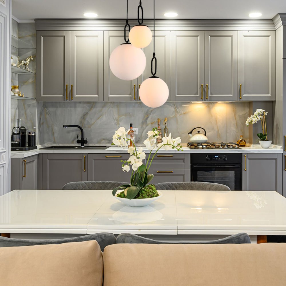 Indoor usage of Opal Glass Globes Black Handle 3 Pendant Ceiling Light with E27 Fittings | TEKLED 156-19540