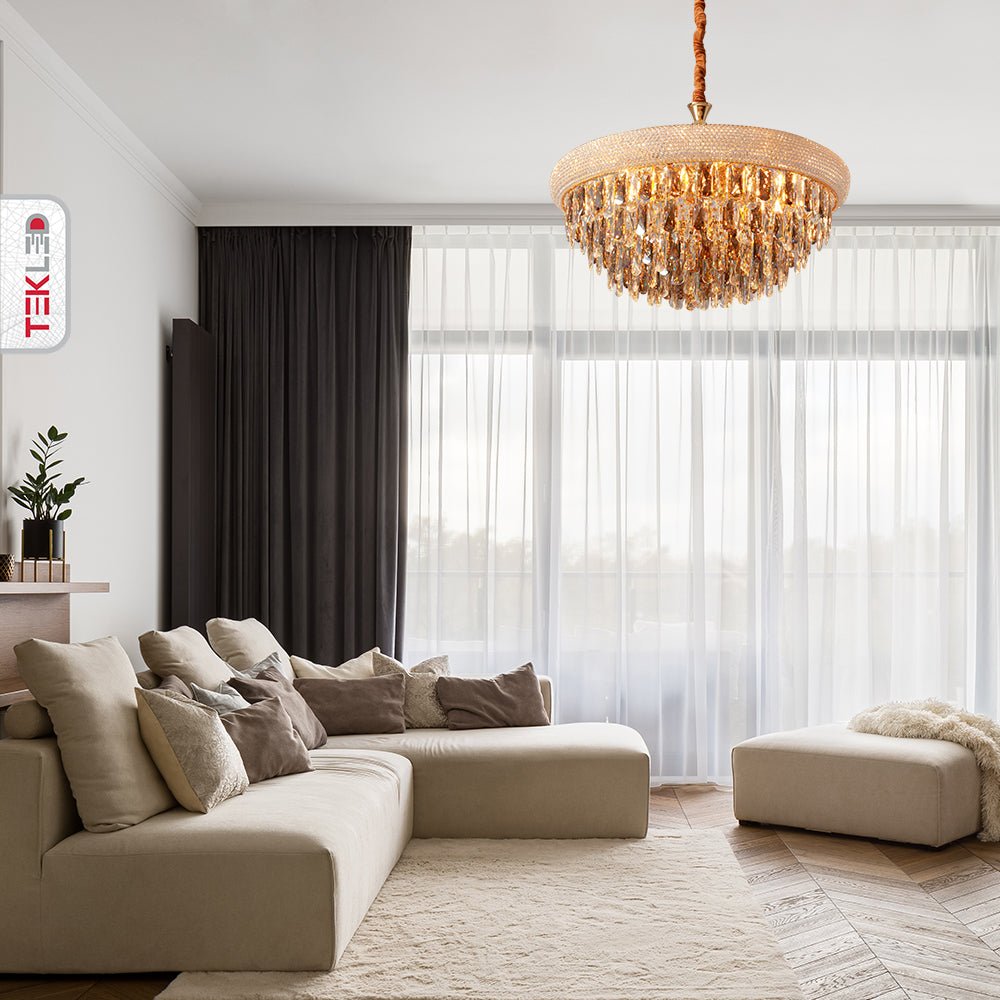 Indoor usage of S-Gold Antique Brass Metal and Crystal Chandelier D800 with 15xE14 Fitting | TEKLED 158-19864