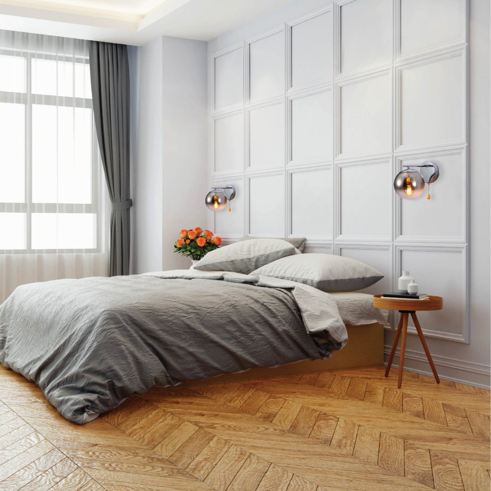 Indoor usage of Smoky Globe Glass Chrome Metal Body Sputnik Molecule Modern Wall Light with Pull Down Switch E27 Fitting | TEKLED 151-19792