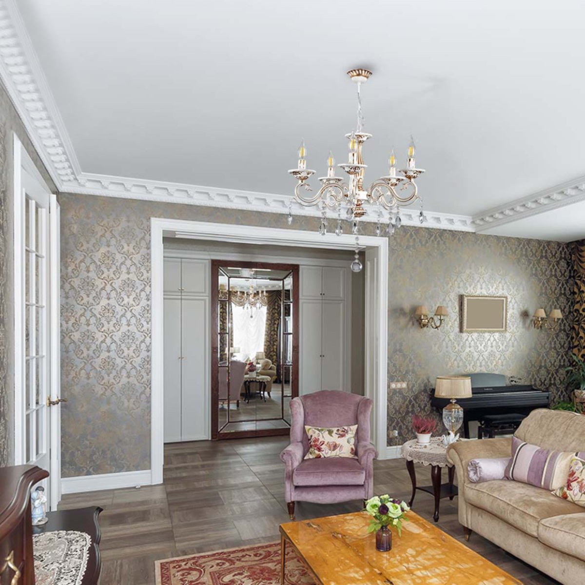 Interior application of 5 Arm Chandelier Light Ceiling Light Traditional French Vintage Retro Candle Metal and Crystal Gold Aged Cream 5xE14 | TEKLED 159-17830