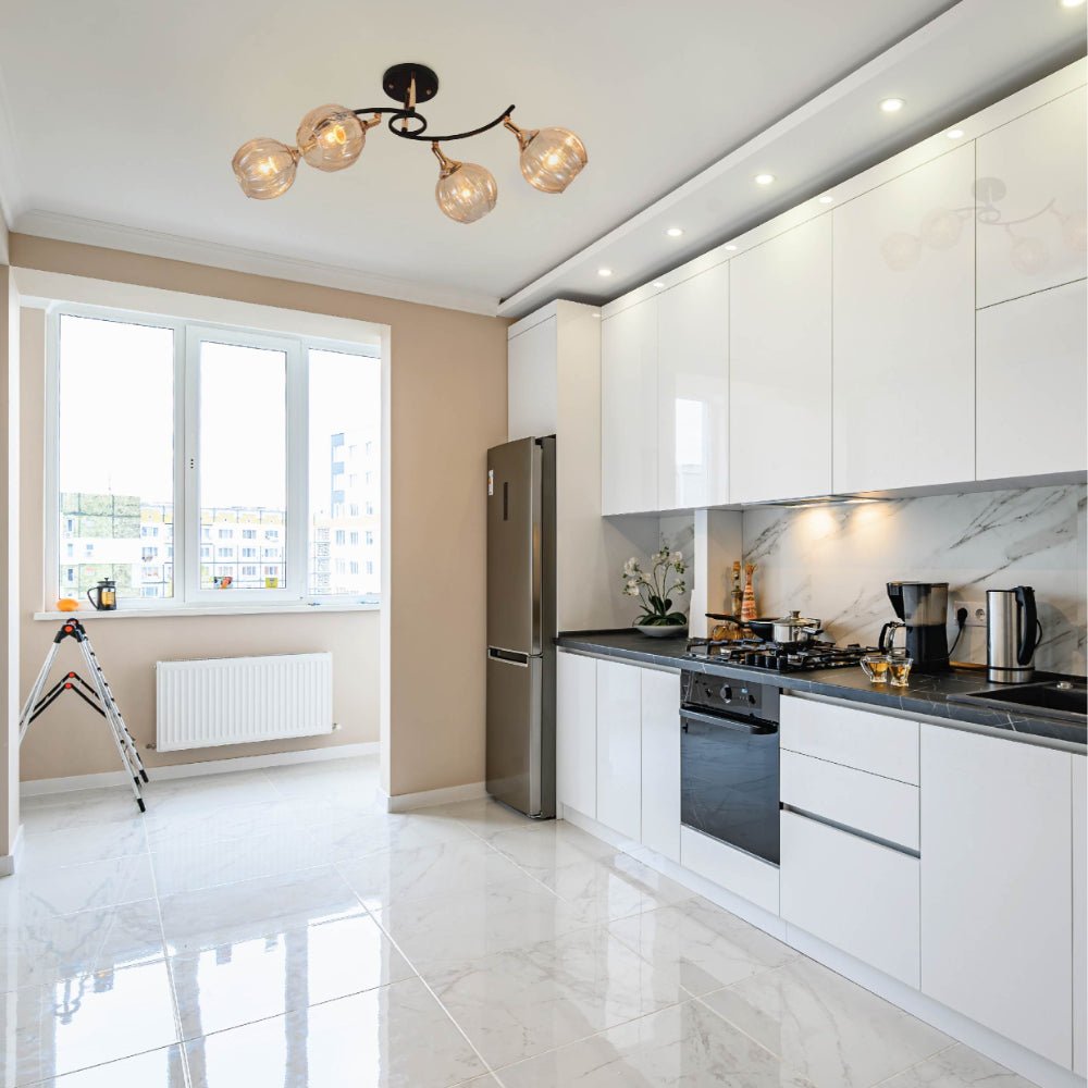 Interior application of Amber Reeded Globe Glass Black Gold Metal Body Vintage Retro Semi Flush Ceiling Light with E27 Fittings | TEKLED 159-17732