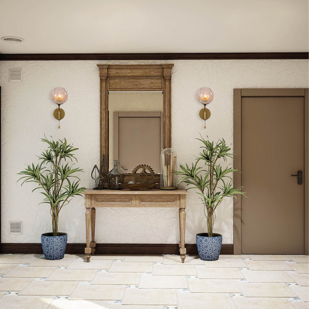 Interior application of Amber Reeded Globe Glass Gold Metal Vintage Retro Wall Light with Pull Down Switch E27 Fitting | TEKLED 151-19782