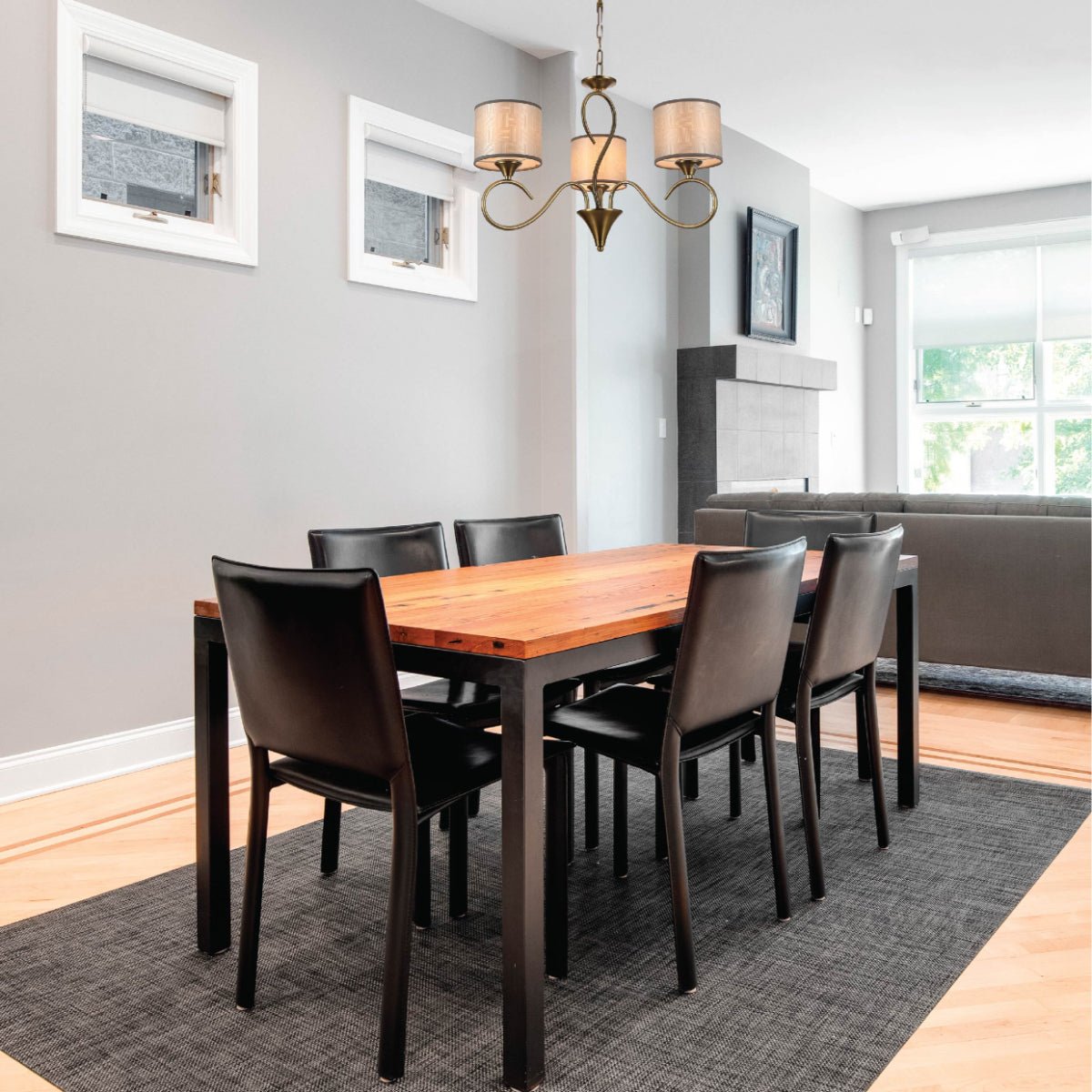 Interior application of Antique Brass Arm Grey Cylinder Shaded Candle Vintage Chandelier Ceiling Light with E27 Fittings | TEKLED 159-17702