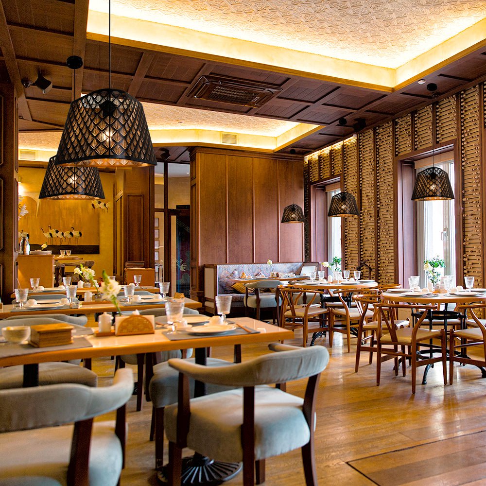 Interior application of Black Gold Metal Frustum Pendant Light with E27 Fitting | TEKLED 150-18338