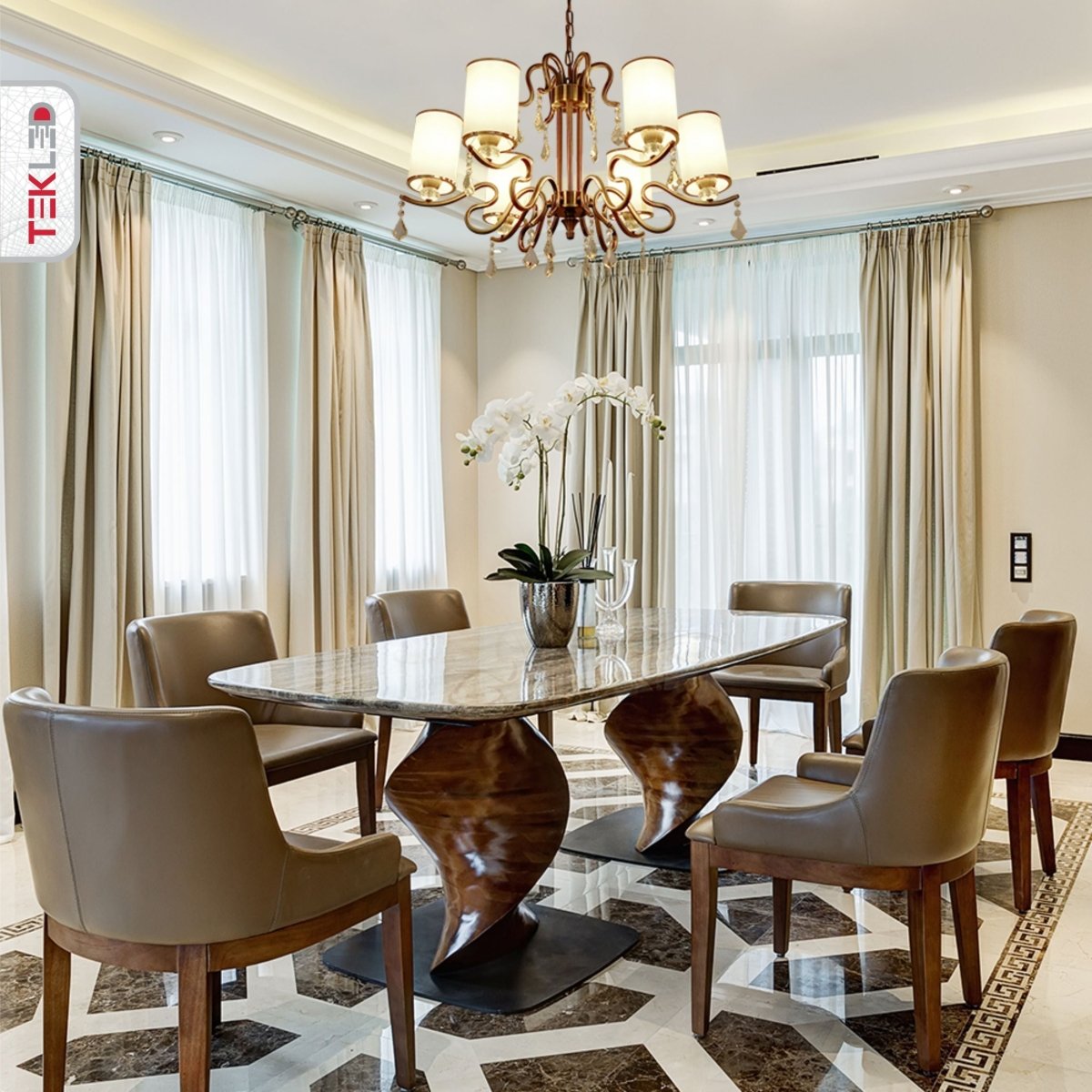 Interior application of Cream Shade Antique Brass Metal 6 Arm Chandelier with Pendeloque Crystals 6xE14 | TEKLED 158-17826