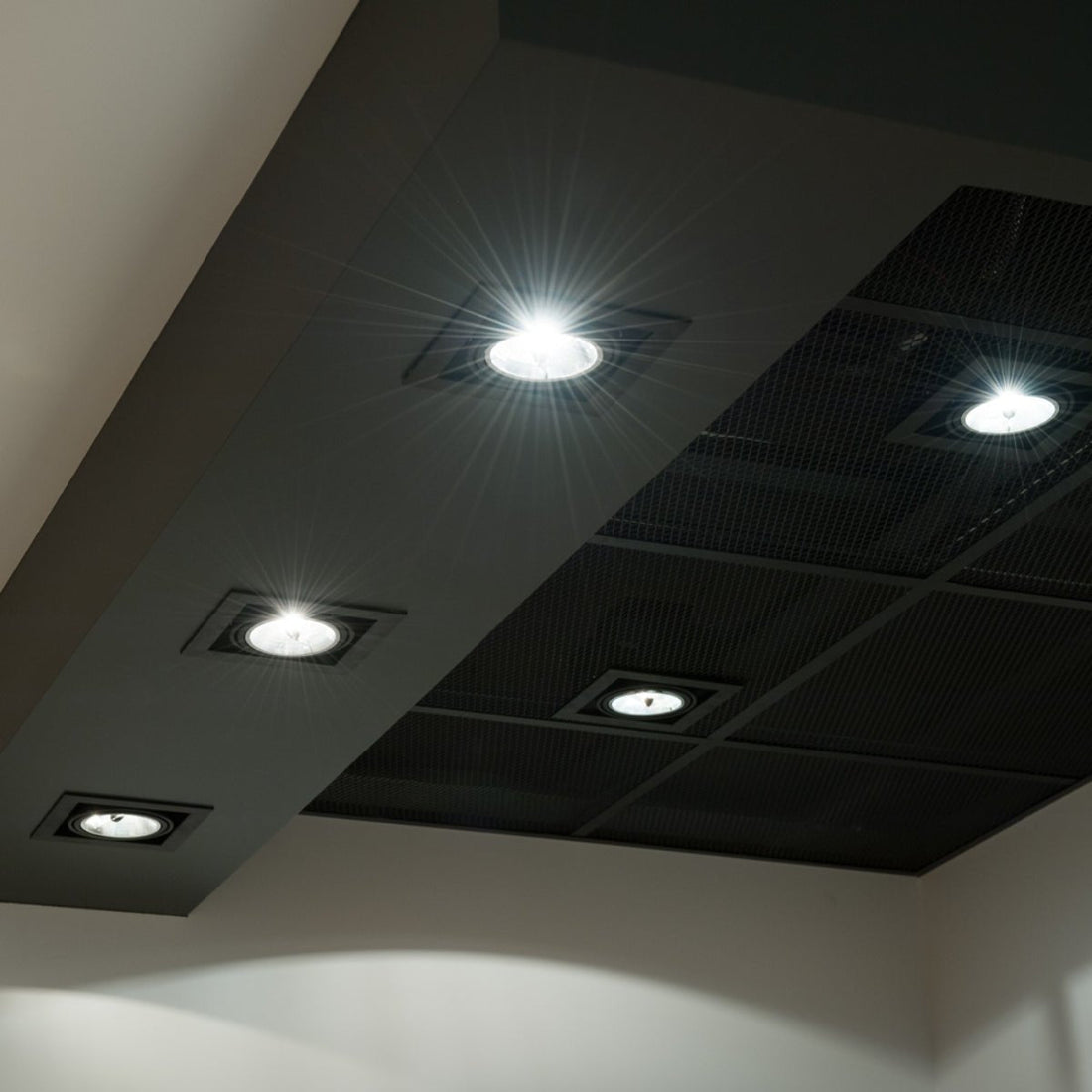 Interior application of Grille Square Recessed Tilt Downlight Black with GU10 Fitting | TEKLED 165-03878