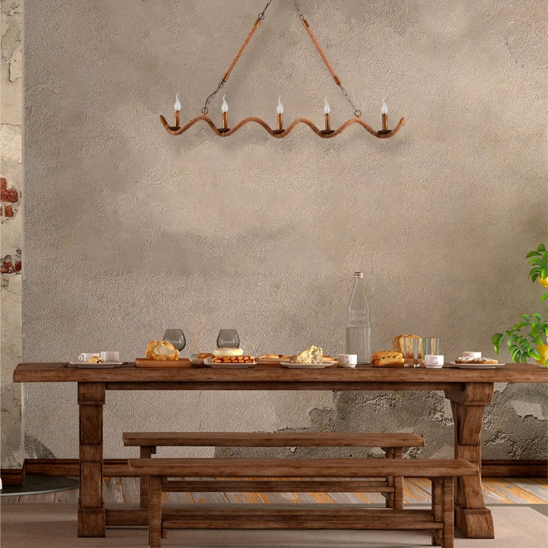 Interior application of Hemp Rope Spiral Island Chandelier with 5xE14 Fitting | TEKLED 158-17592