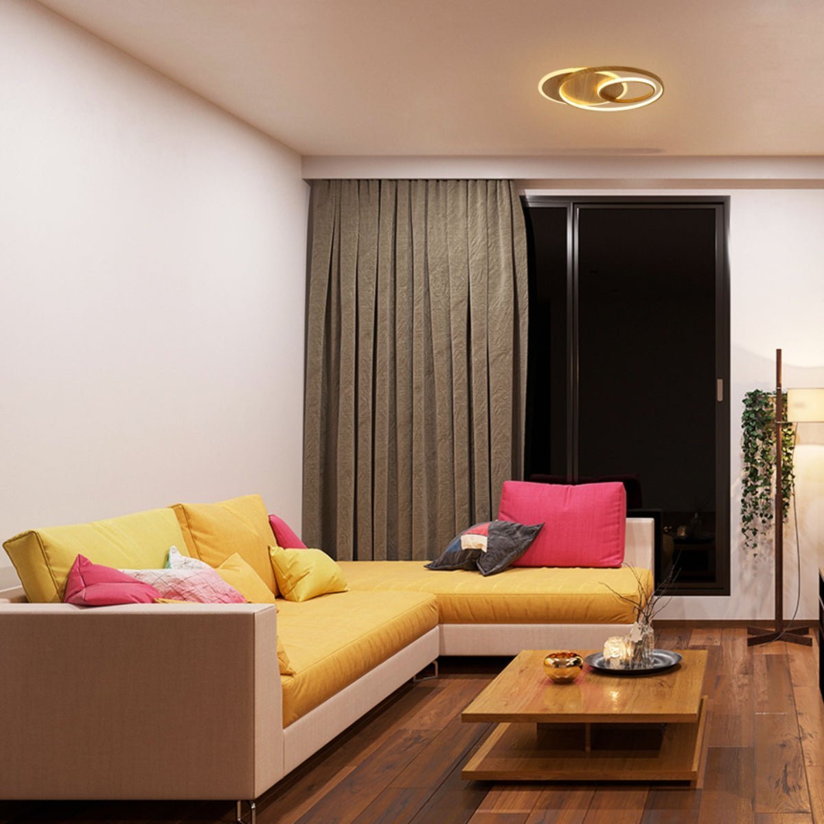 Interior application of LED Circle in Circle Wood Finishing 34W CCT Change Dimmable Contemporary Nordic Scandinavian Flush Ceiling Light with Remote Control | TEKLED 154-17262