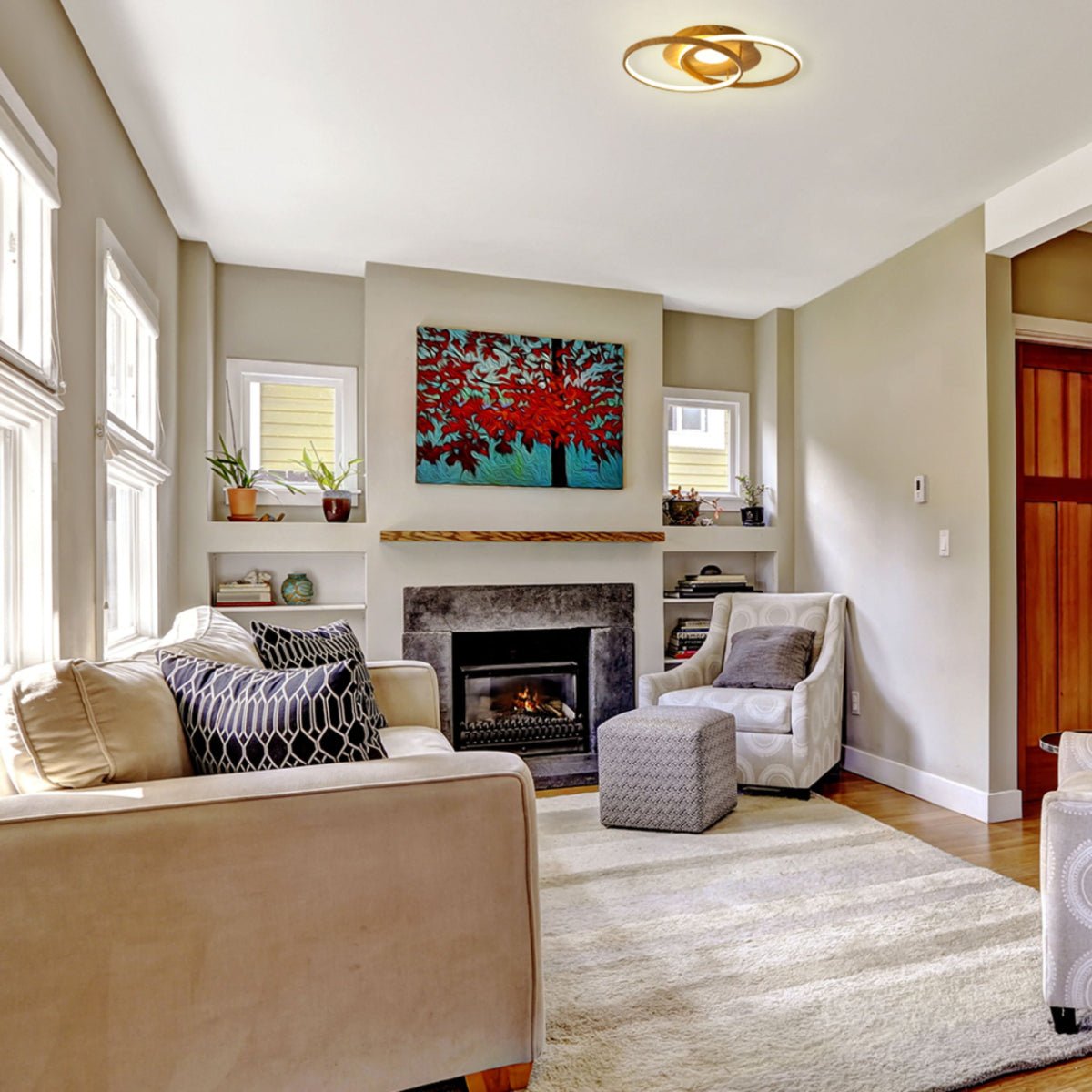 Interior application of LED Crossing Circles Wood Finishing 34W CCT Change Dimmable Contemporary Nordic Scandinavian Flush Ceiling Light with Remote Control | TEKLED 154-17260