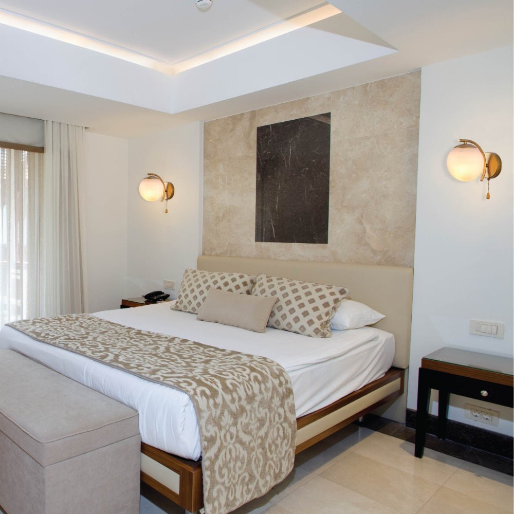 Interior application of Opal Globe Glass Gold Metal Arc Body Vintage Retro Wall Light with Pull Down Switch E27 Fitting | TEKLED 151-19786